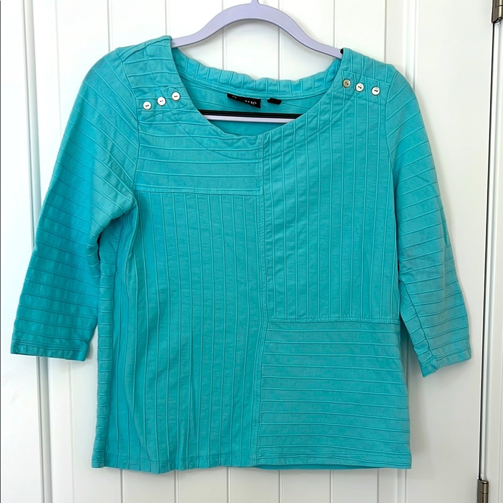 Onque casual, Sz PM, aqua blue, 100% cotton, three-quarter length sleeve top